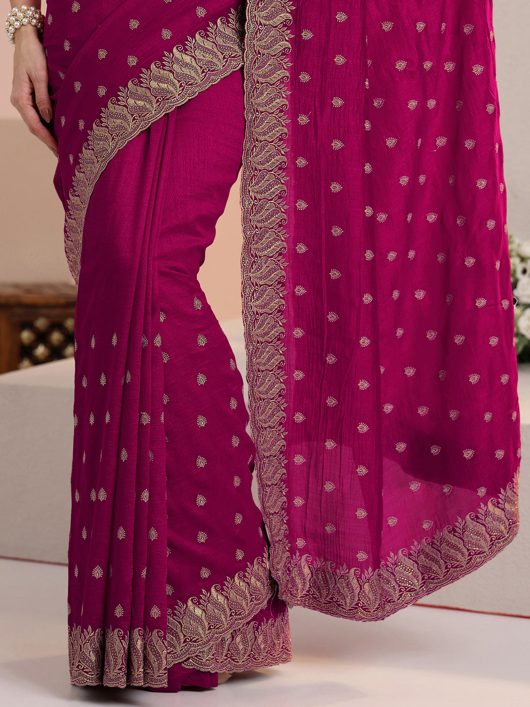  Libas Rani Pink Embroidered Silk Blend Saree 