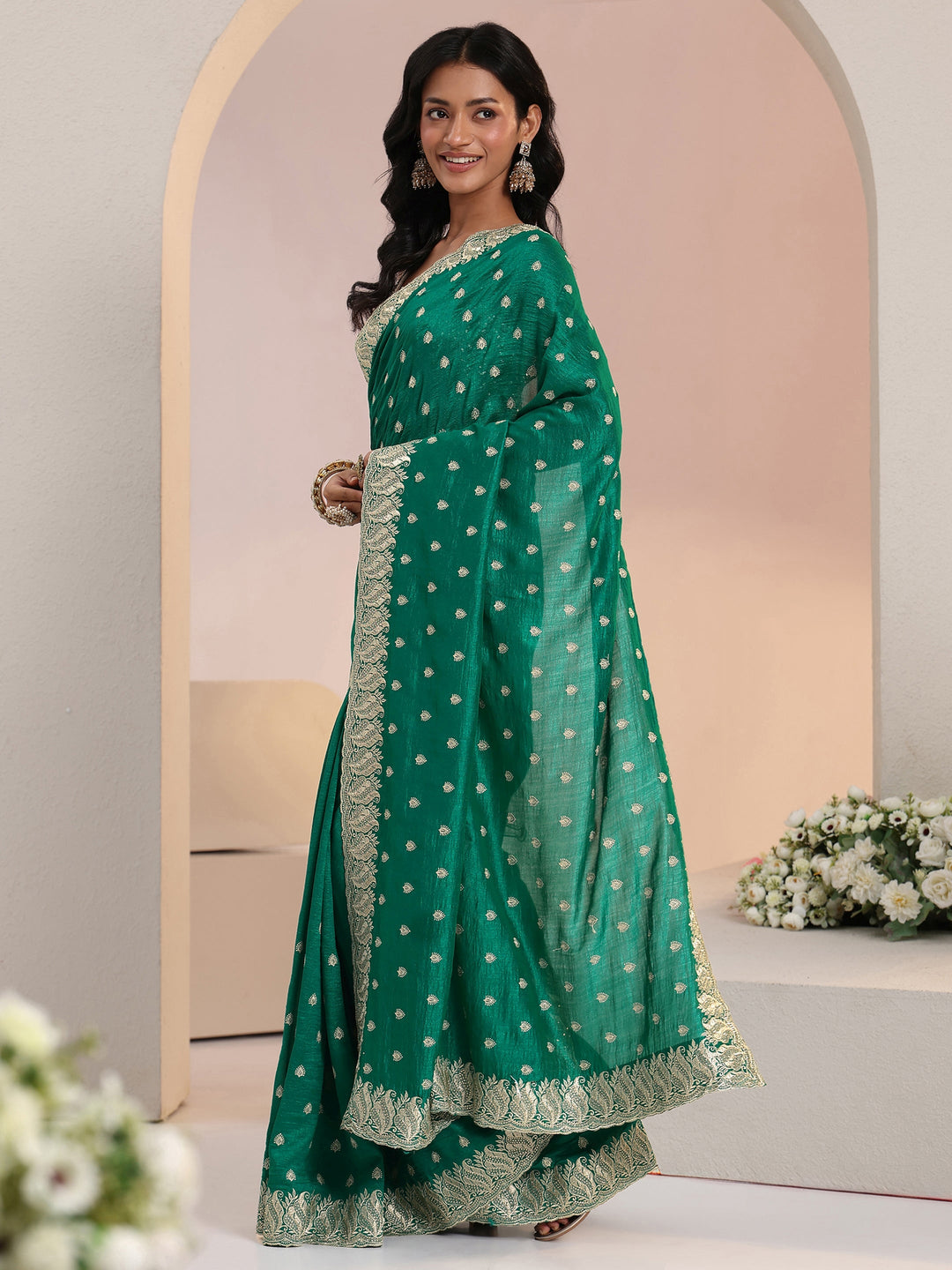  Libas Emerald Green Embroidered Silk Blend Saree 