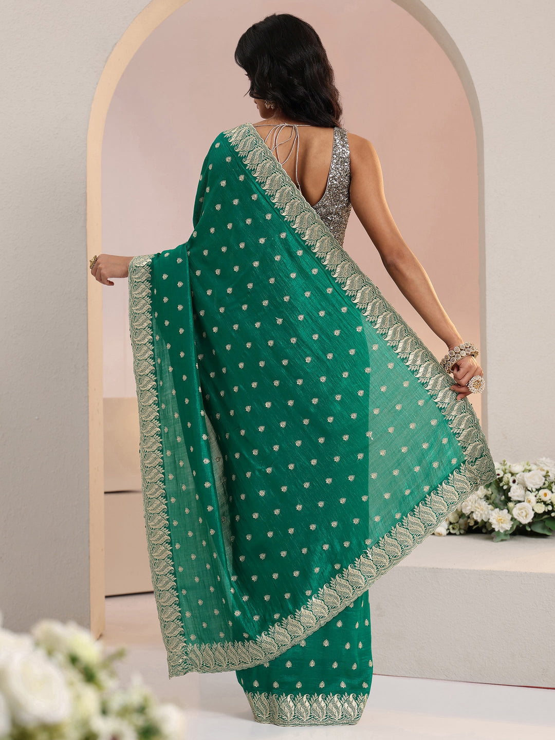  Libas Emerald Green Embroidered Silk Blend Saree 
