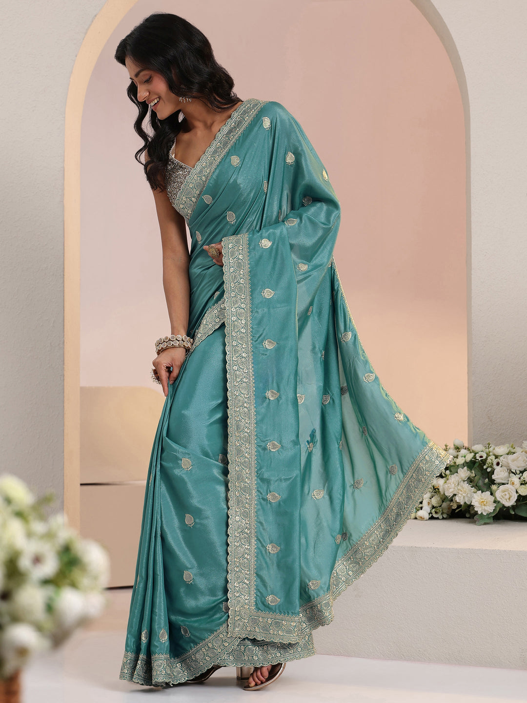  Libas Dusty Blue Embroidered Silk Blend Saree 