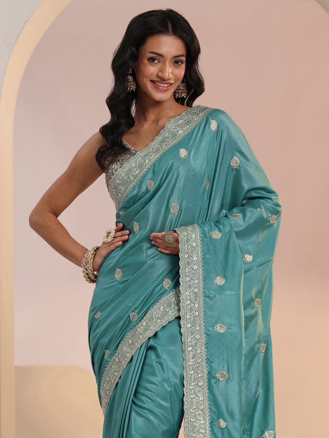  Libas Dusty Blue Embroidered Silk Blend Saree 