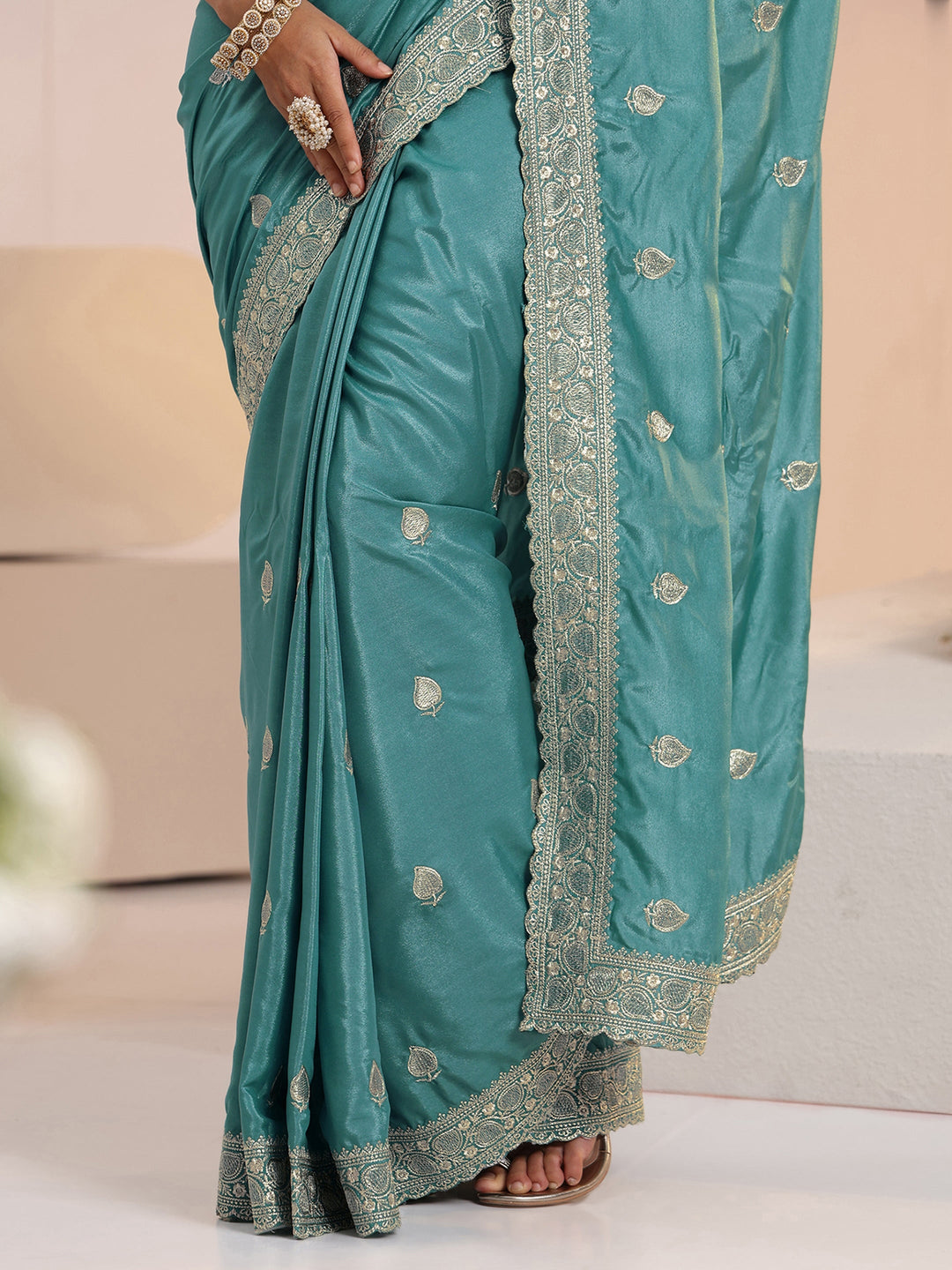  Libas Dusty Blue Embroidered Silk Blend Saree 
