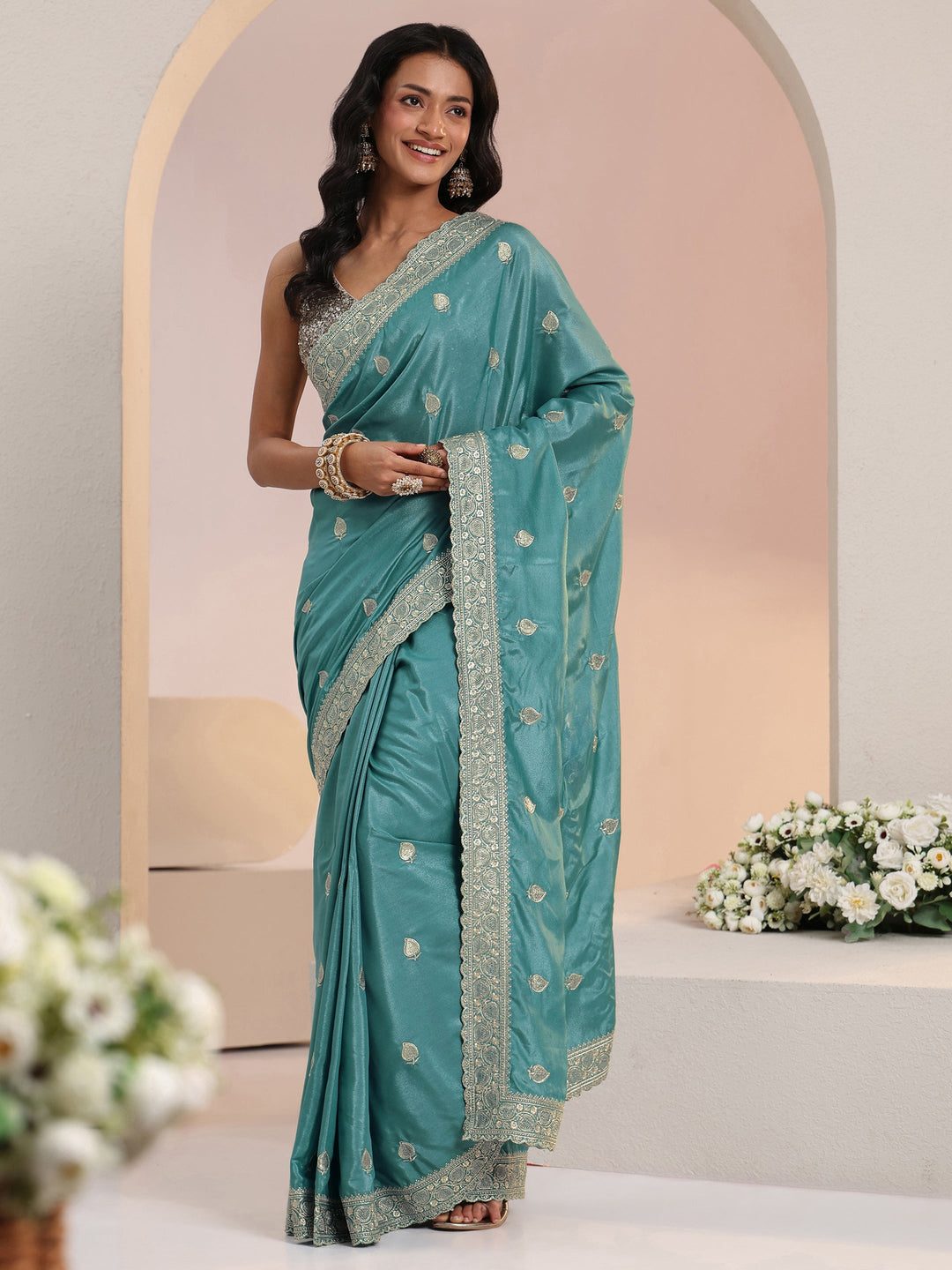  Libas Dusty Blue Embroidered Silk Blend Saree 