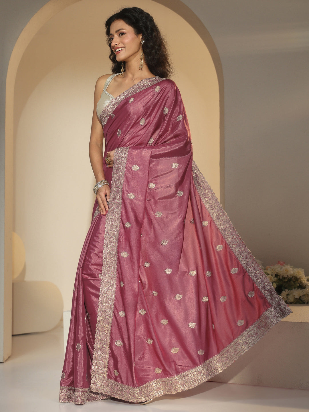  Libas Dusty Rose Pink Zari Embroidered Silk Blend Saree 
