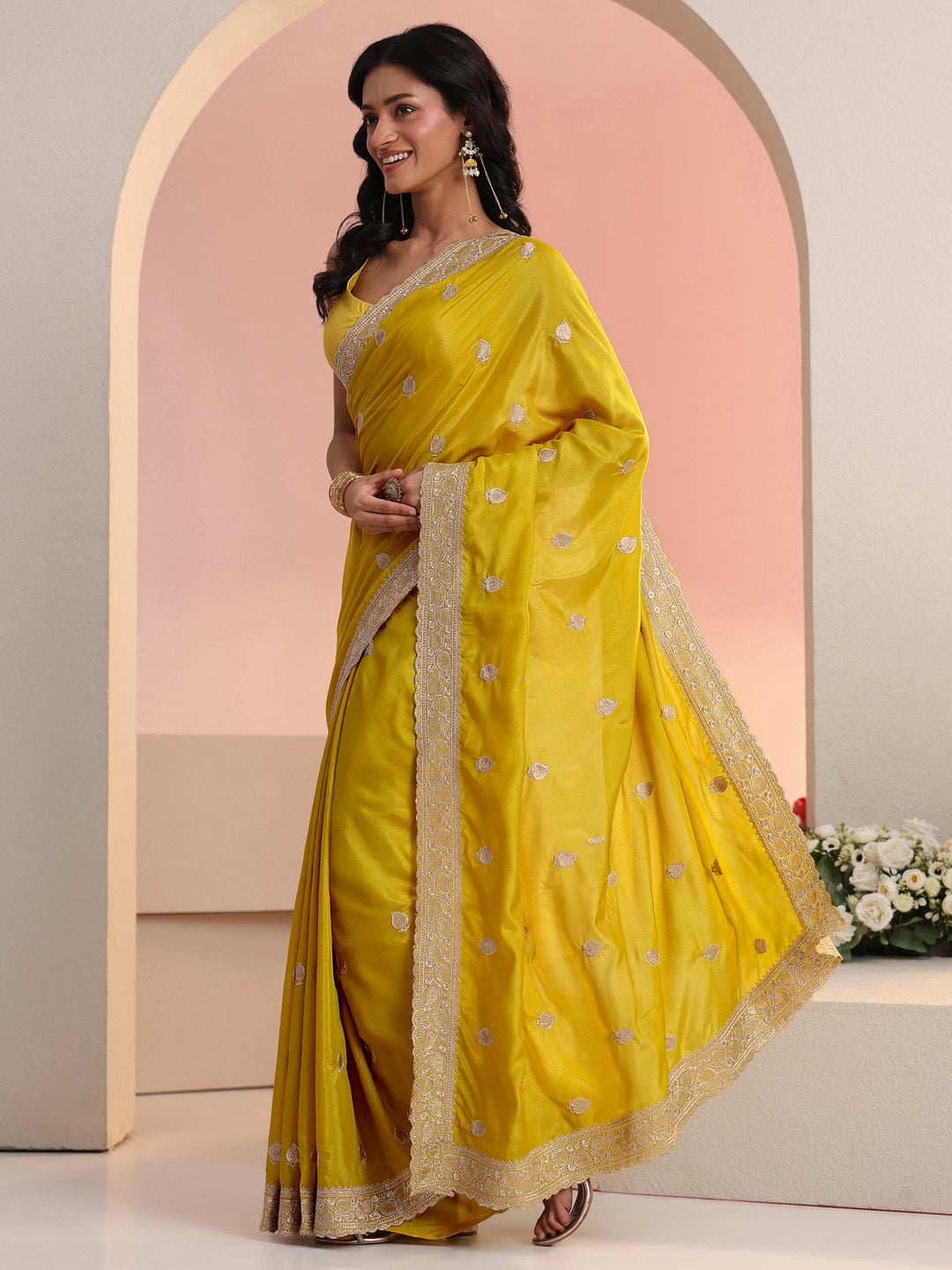  Libas Yellow Embroidered Silk Blend Saree 