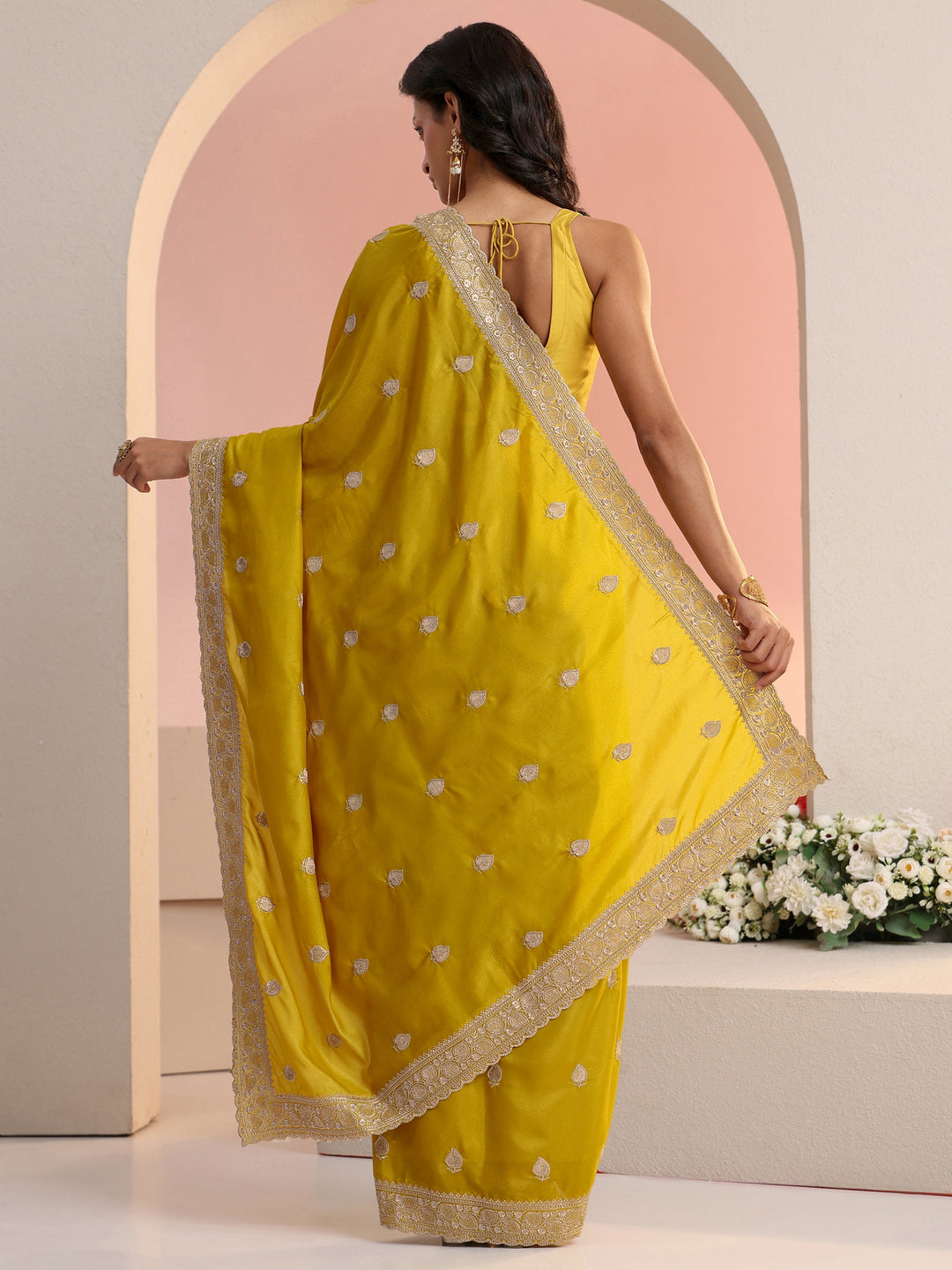 Libas Yellow Embroidered Silk Blend Saree 