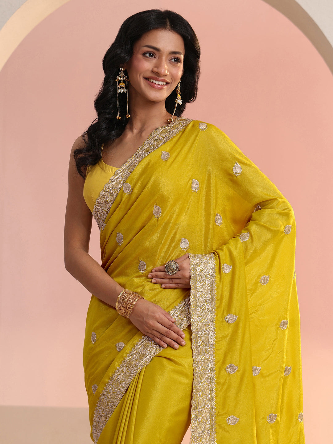  Libas Yellow Embroidered Silk Blend Saree 