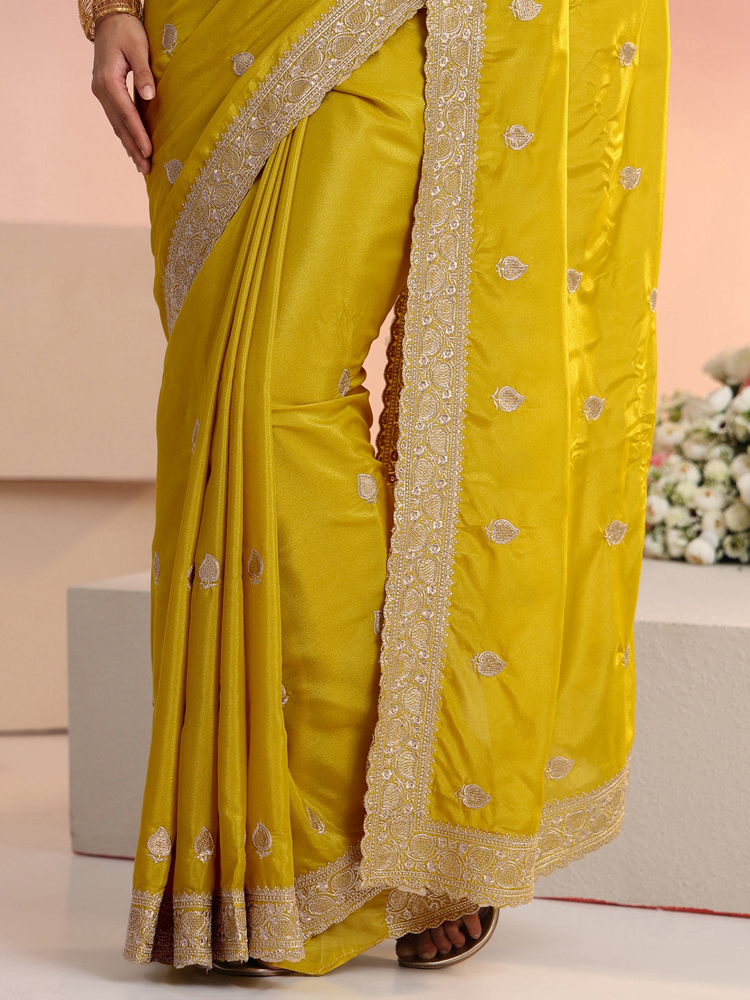  Libas Yellow Embroidered Silk Blend Saree 