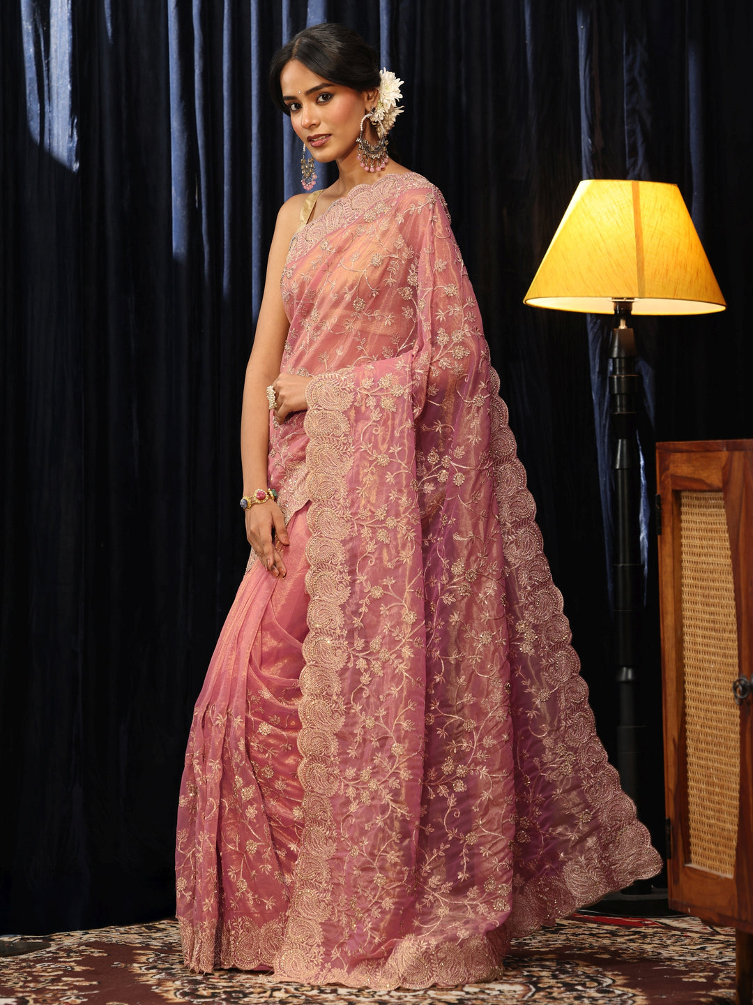  Rose Pink Floral Embroidered Net Saree 