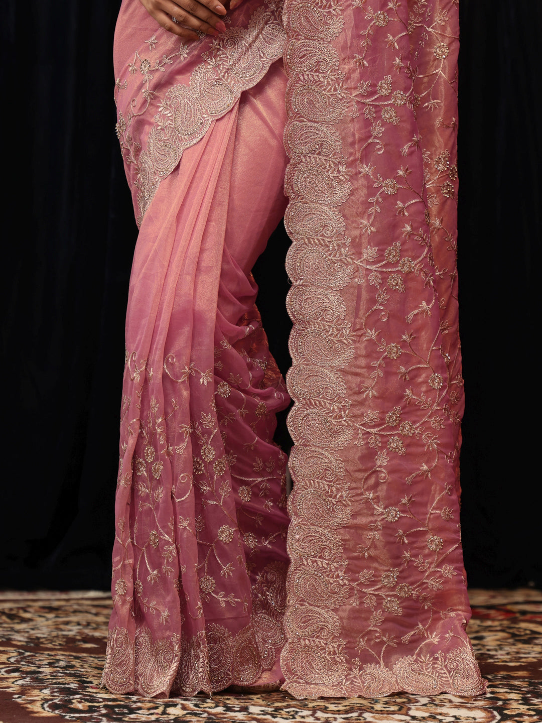  Rose Pink Floral Embroidered Net Saree 