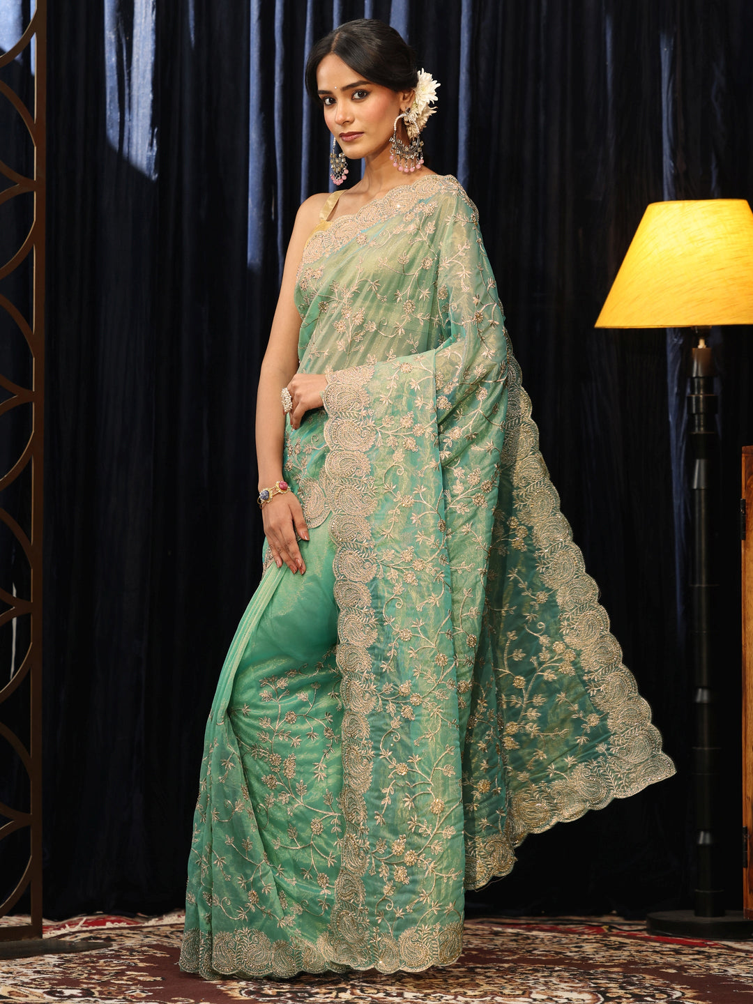  Mint Green Floral Embroidered Net Saree 