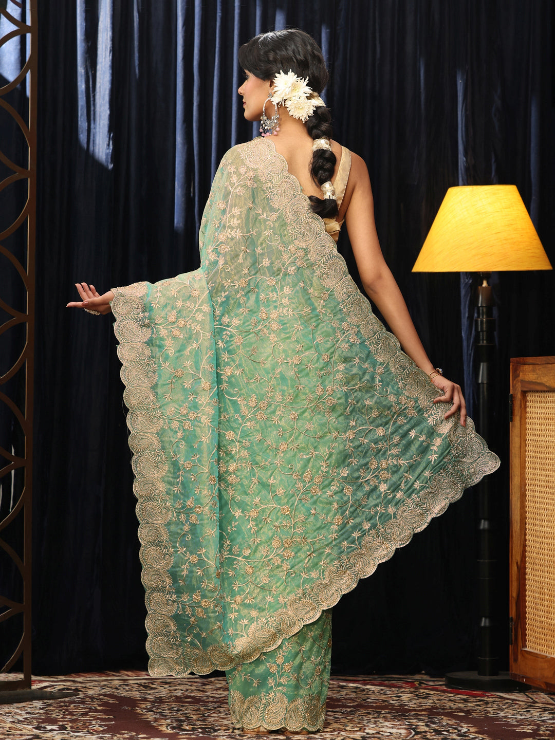  Mint Green Floral Embroidered Net Saree 