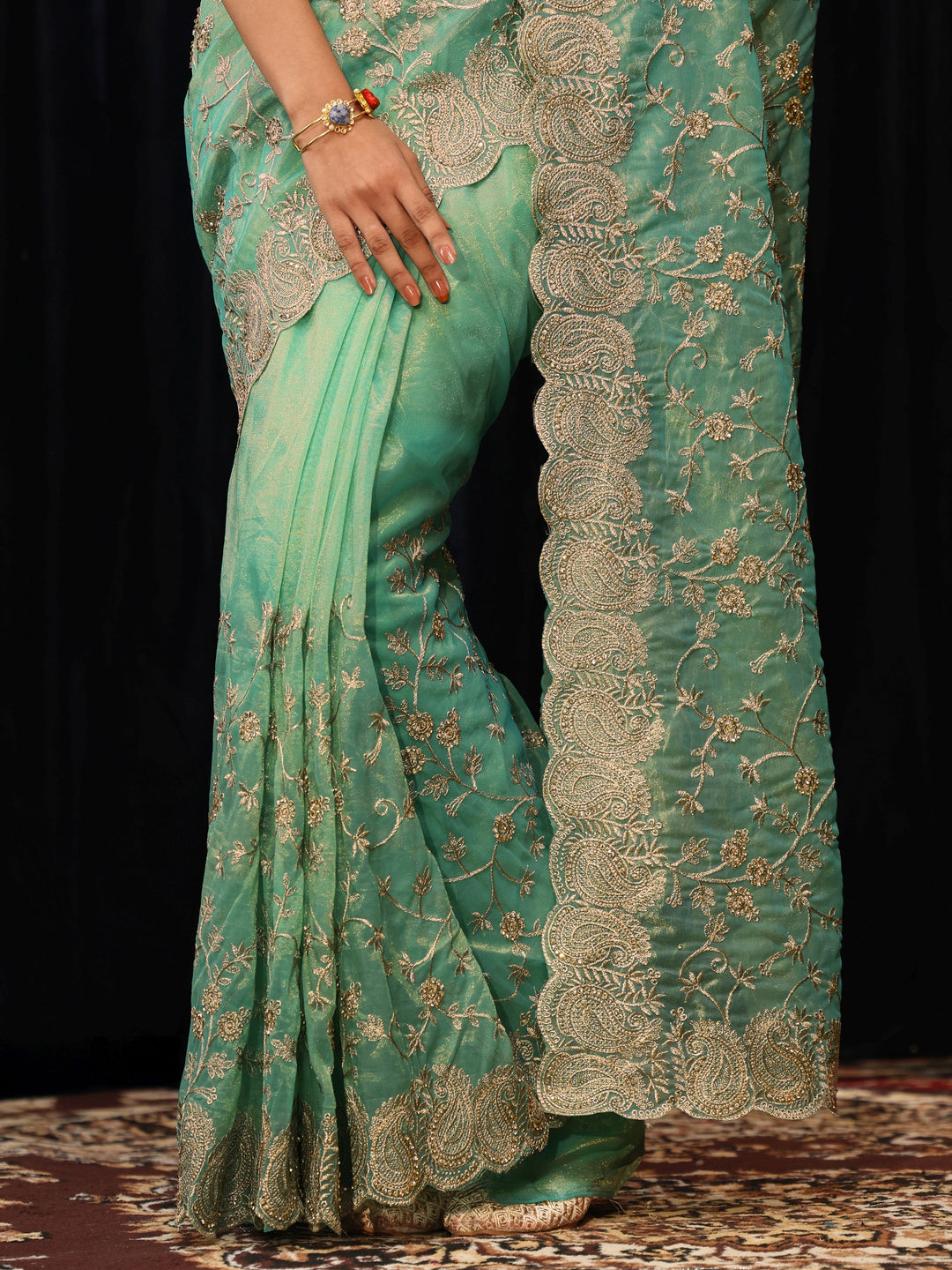  Mint Green Floral Embroidered Net Saree 
