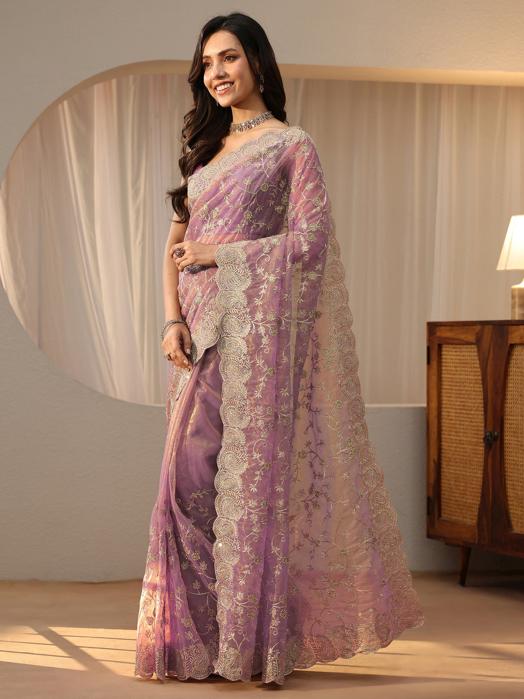  Lavender Floral Embellished Net Saree 