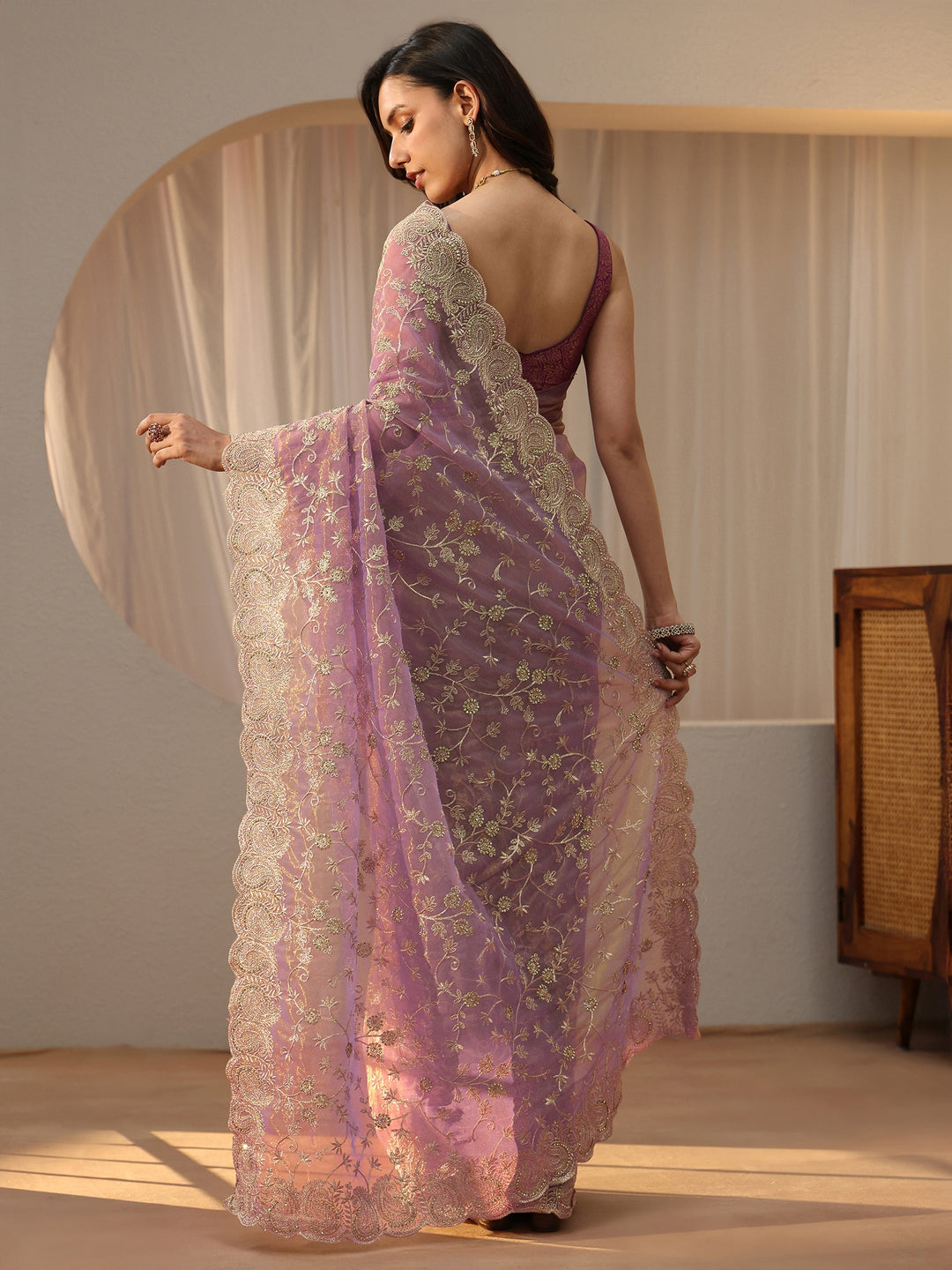  Lavender Floral Embellished Net Saree 