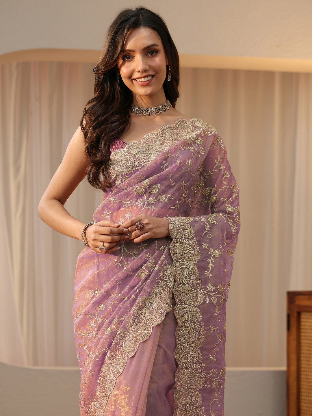  Lavender Floral Embellished Net Saree 