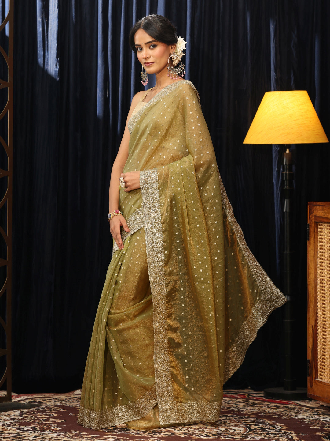  Light Henna Green  Mirror Work Silk Blend Saree 