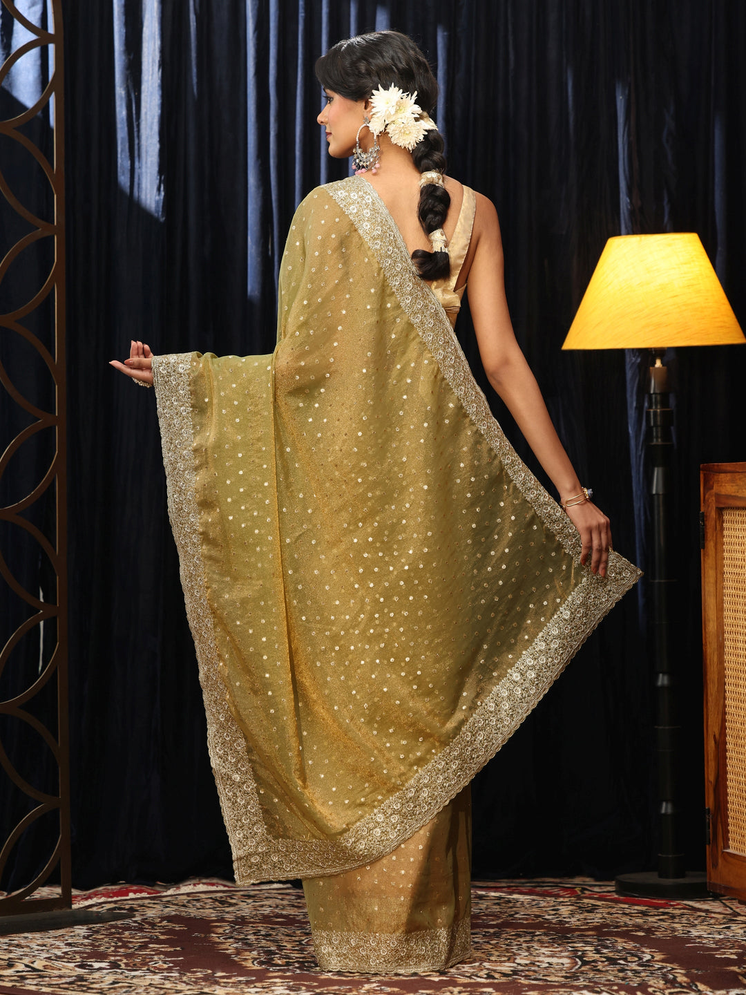  Light Henna Green  Mirror Work Silk Blend Saree 