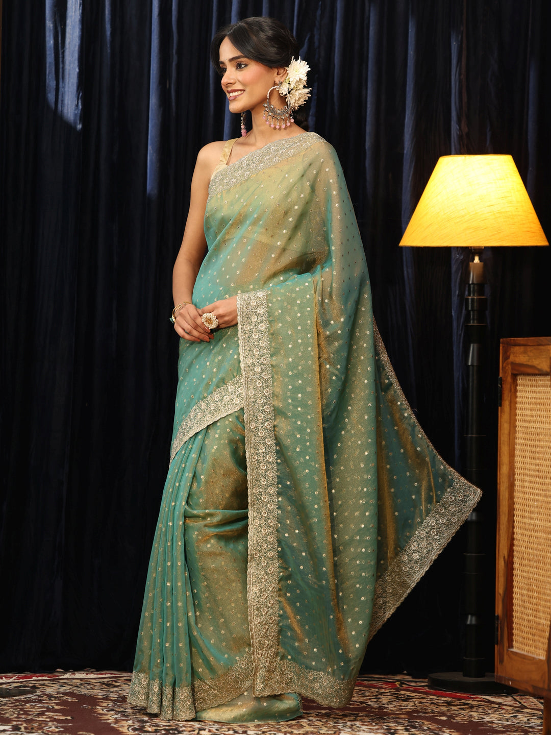  Sea Green Mirror Work Silk Blend Saree 