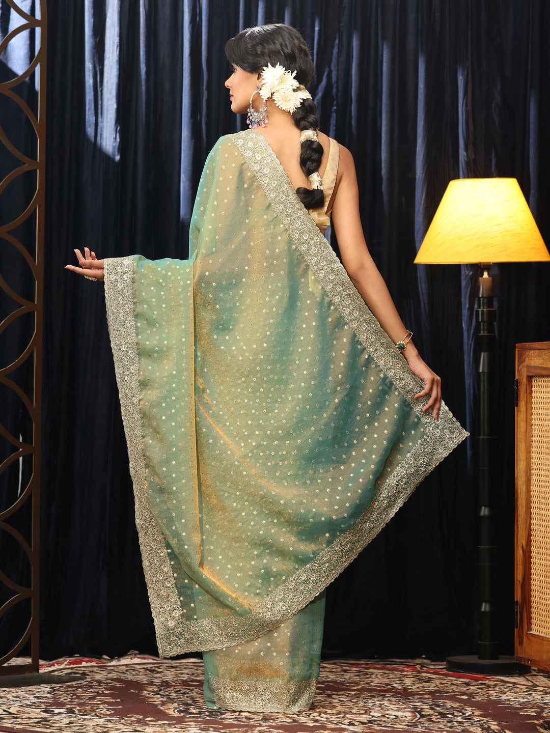  Sea Green Mirror Work Silk Blend Saree 