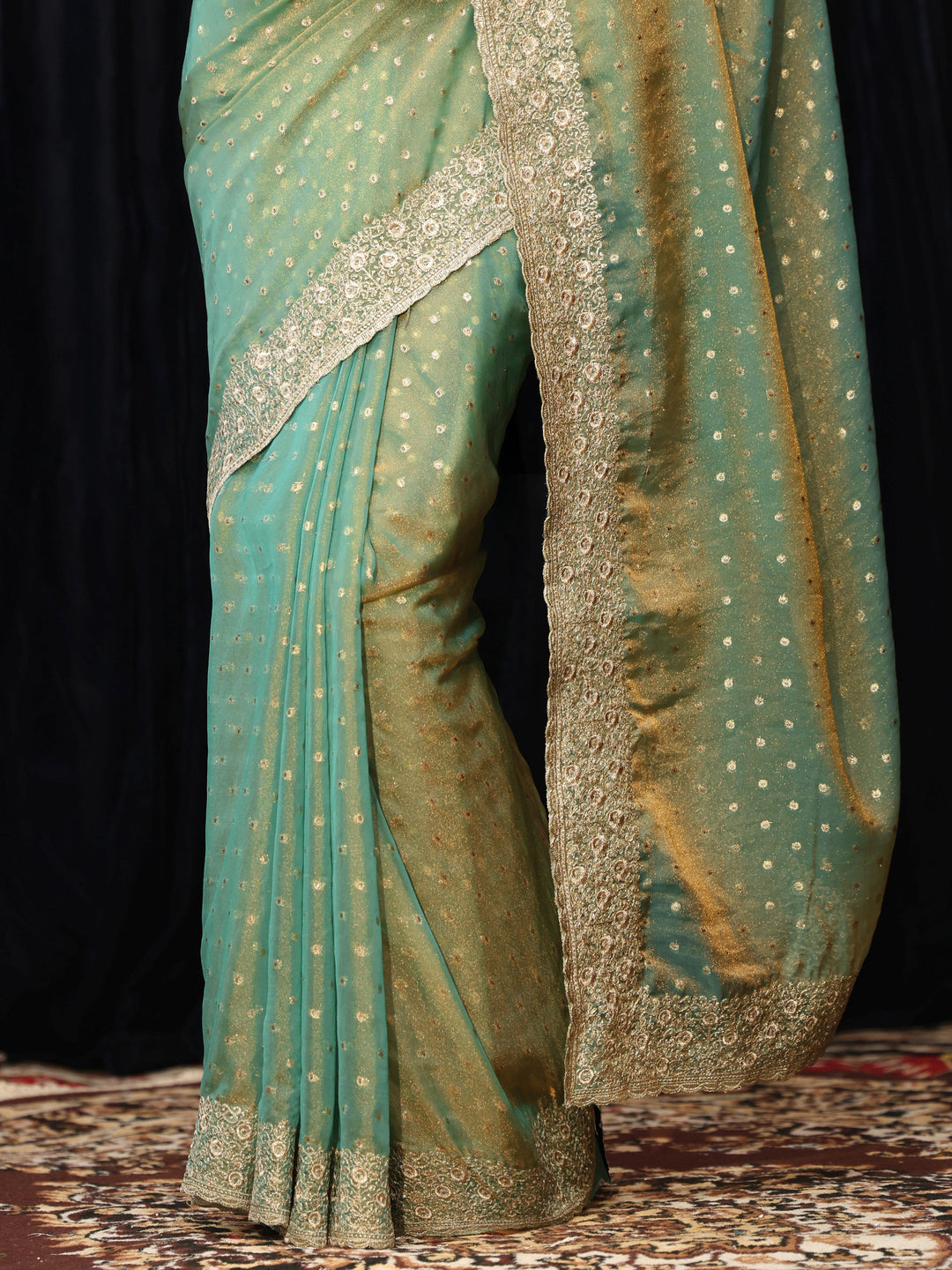  Sea Green Mirror Work Silk Blend Saree 