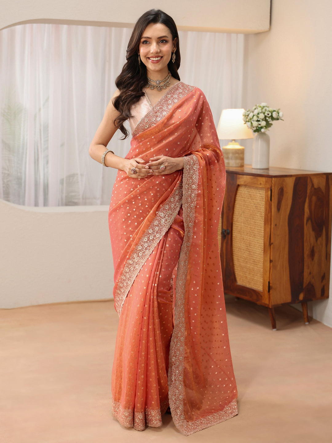  Peach Mirror Work Silk Blend Saree 