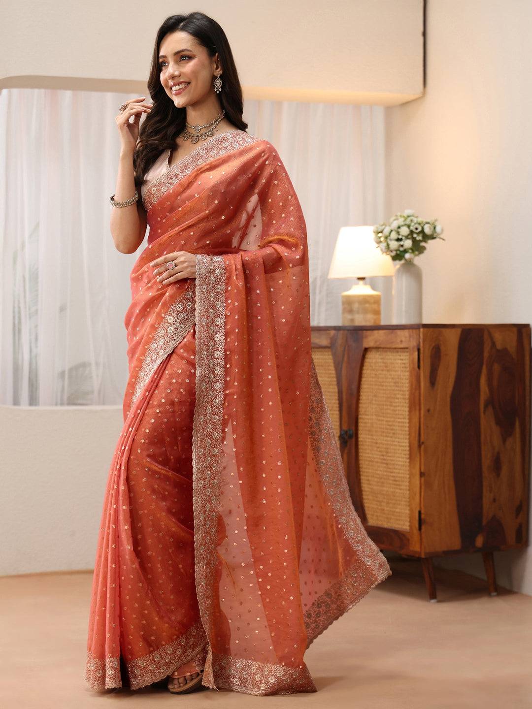  Peach Mirror Work Silk Blend Saree 