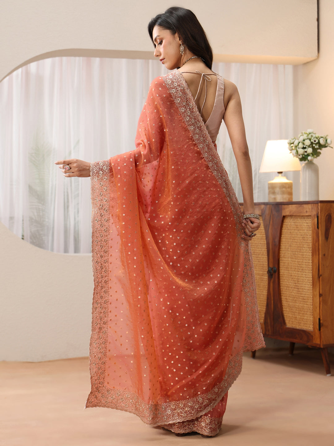  Peach Mirror Work Silk Blend Saree 