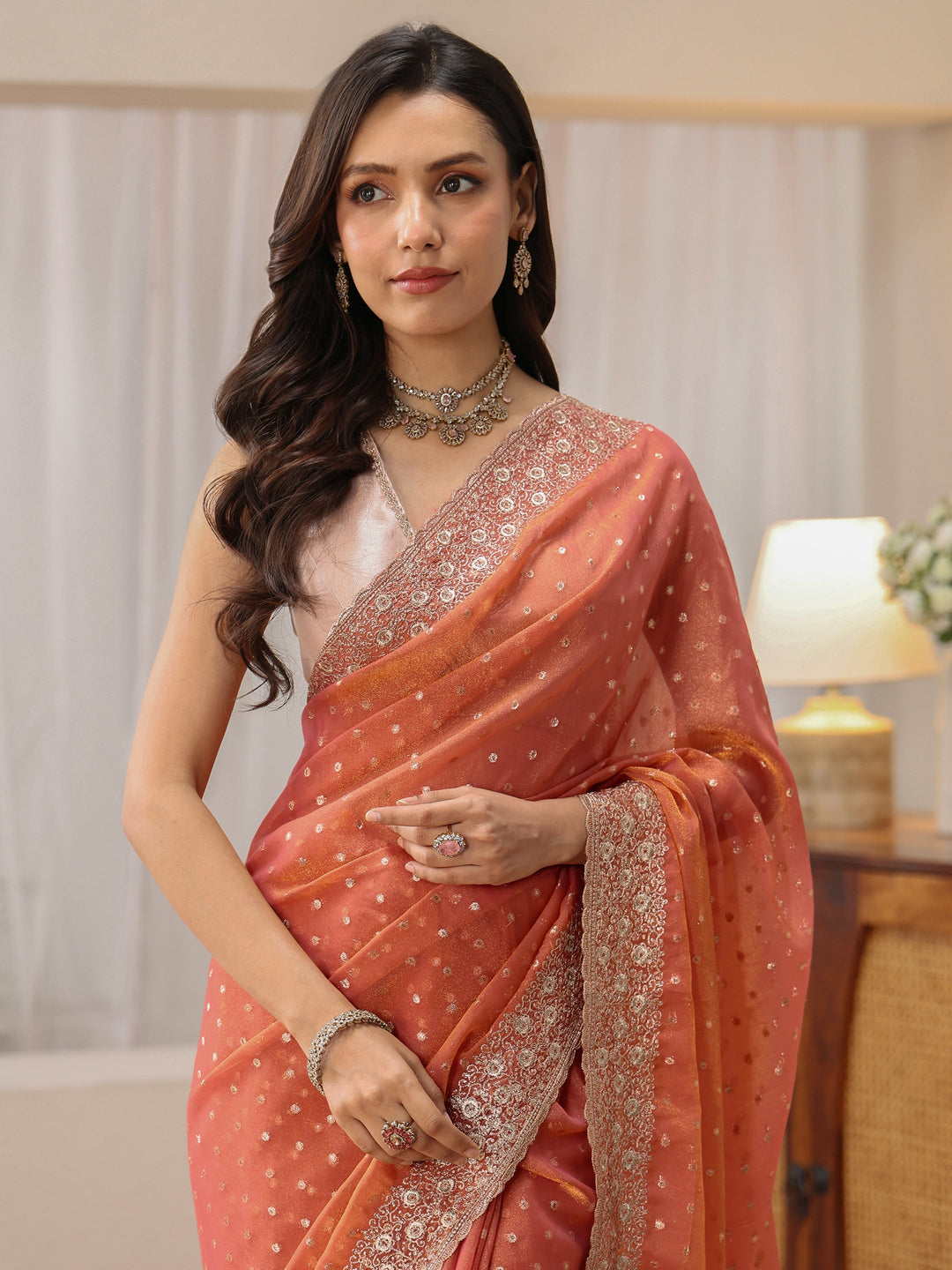  Peach Mirror Work Silk Blend Saree 