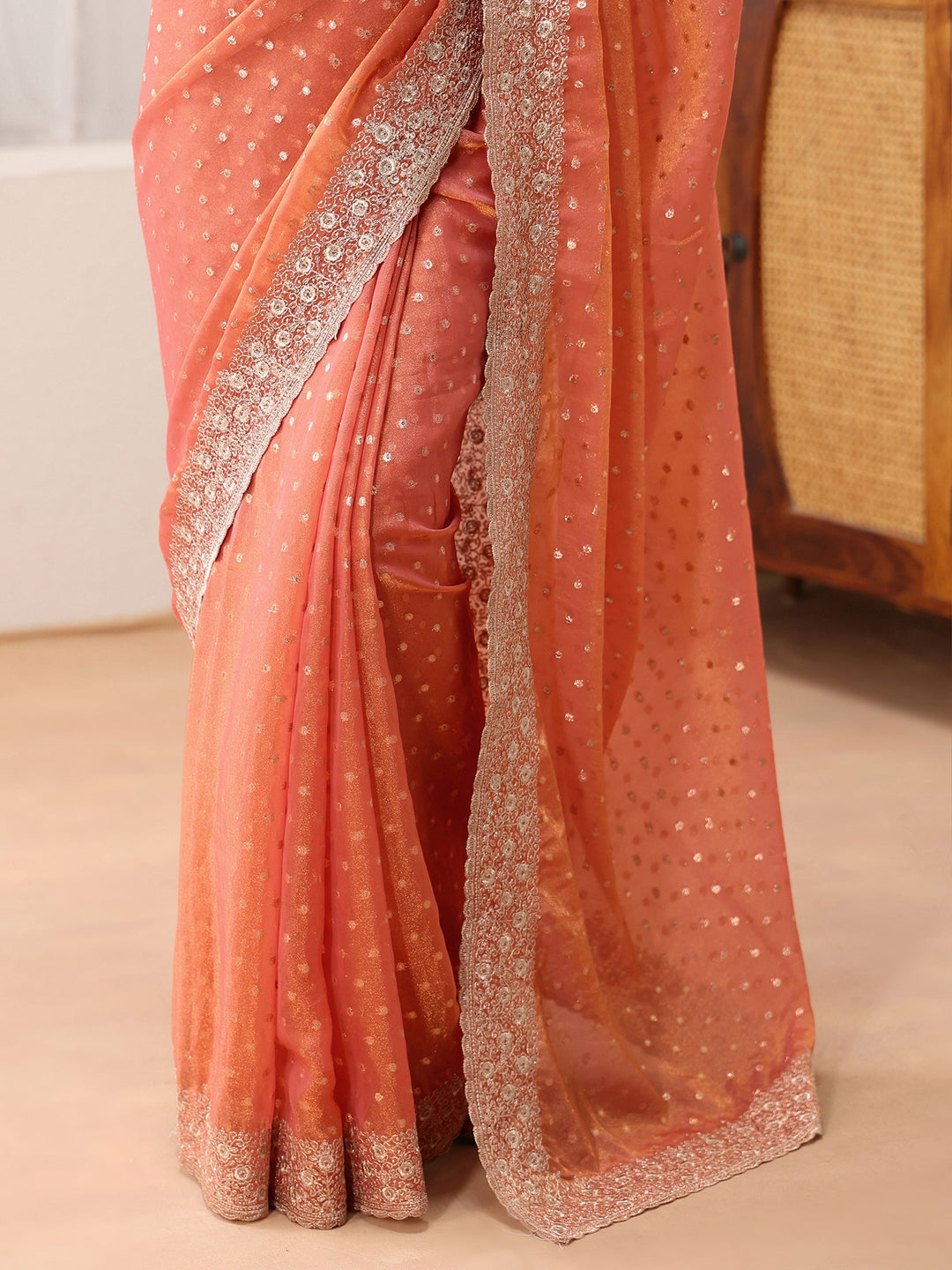  Peach Mirror Work Silk Blend Saree 