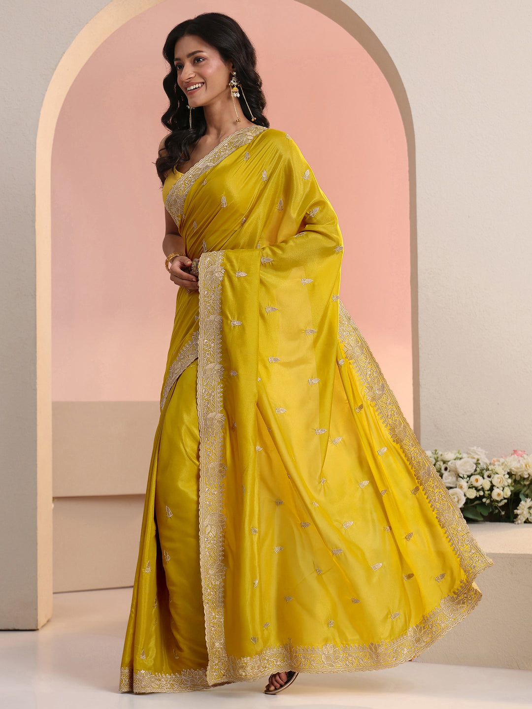  Libas Mustard Embroidered Silk Blend Saree 