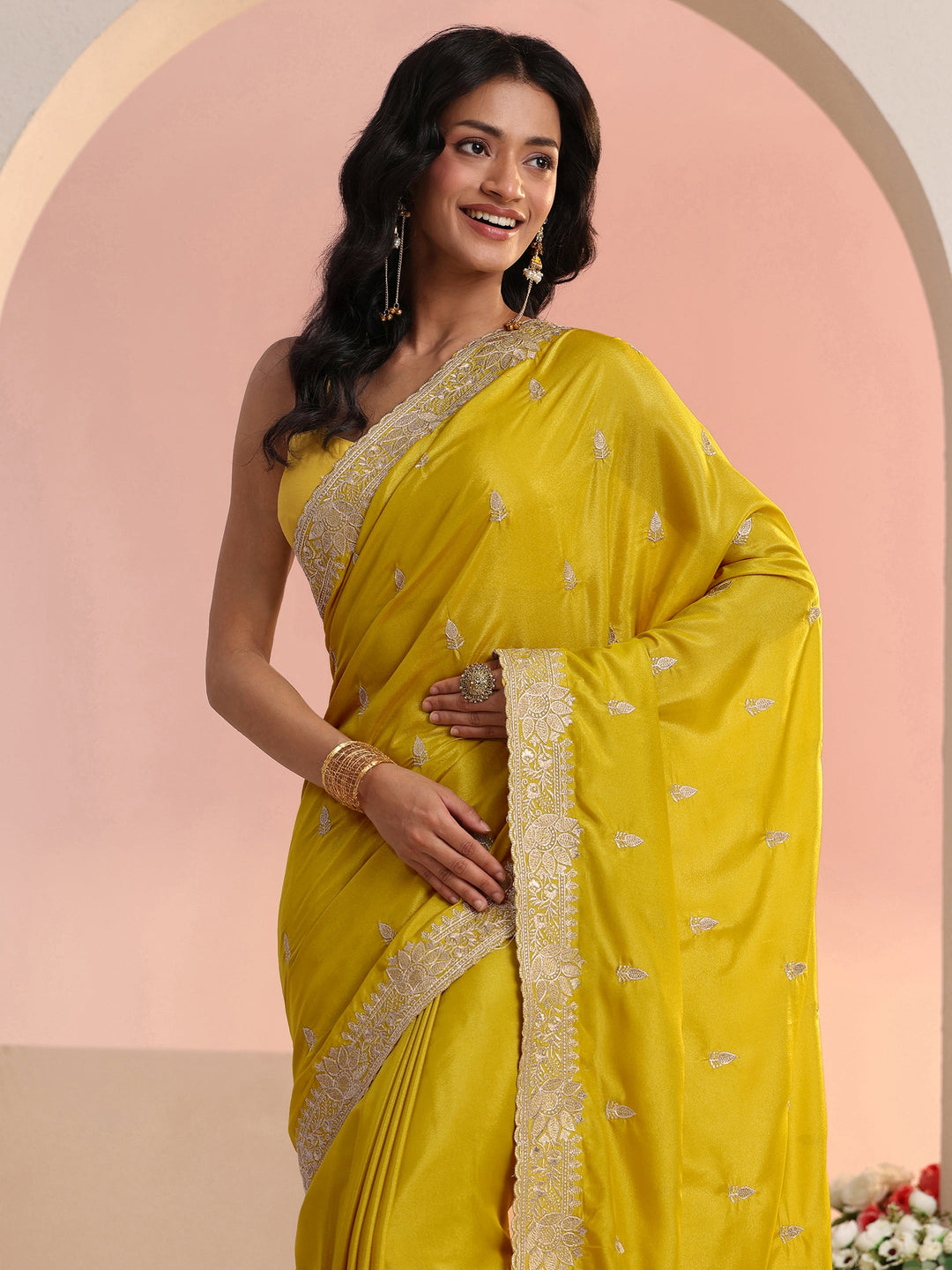  Libas Mustard Embroidered Silk Blend Saree 