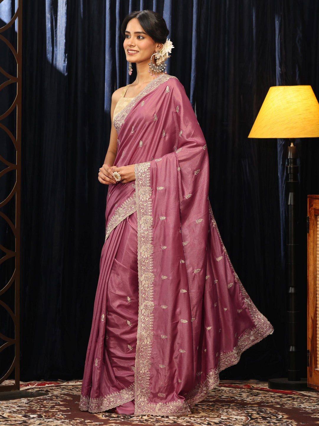  Mauve Floral Embroidered Silk Blend Saree 