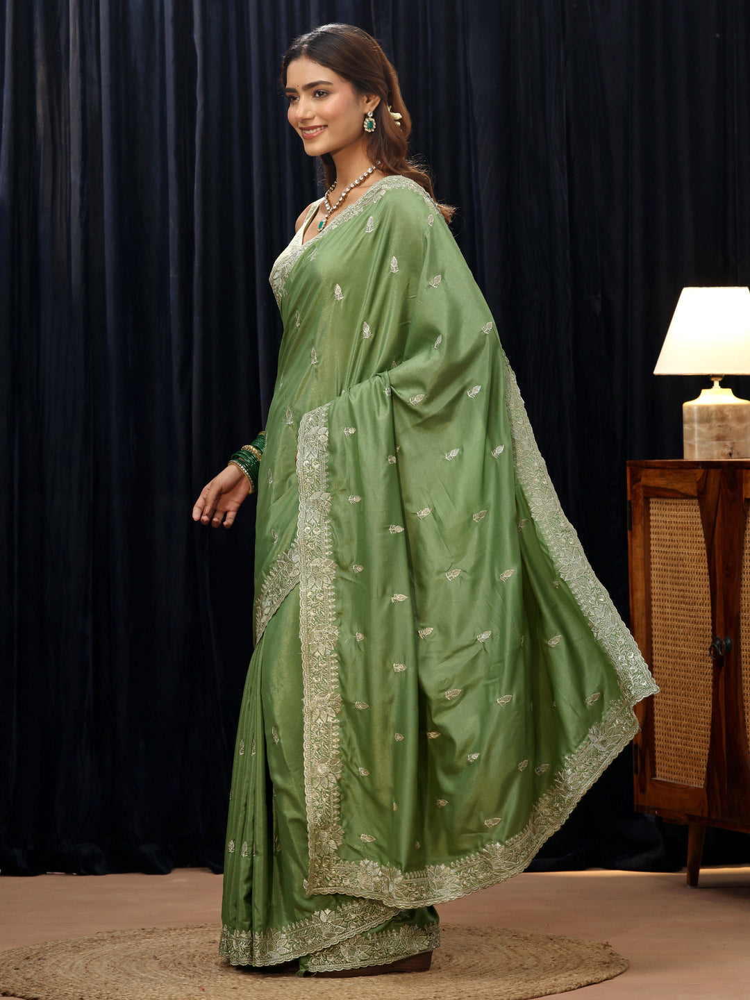  Sage Green Floral Embroidered Silk Blend Saree 