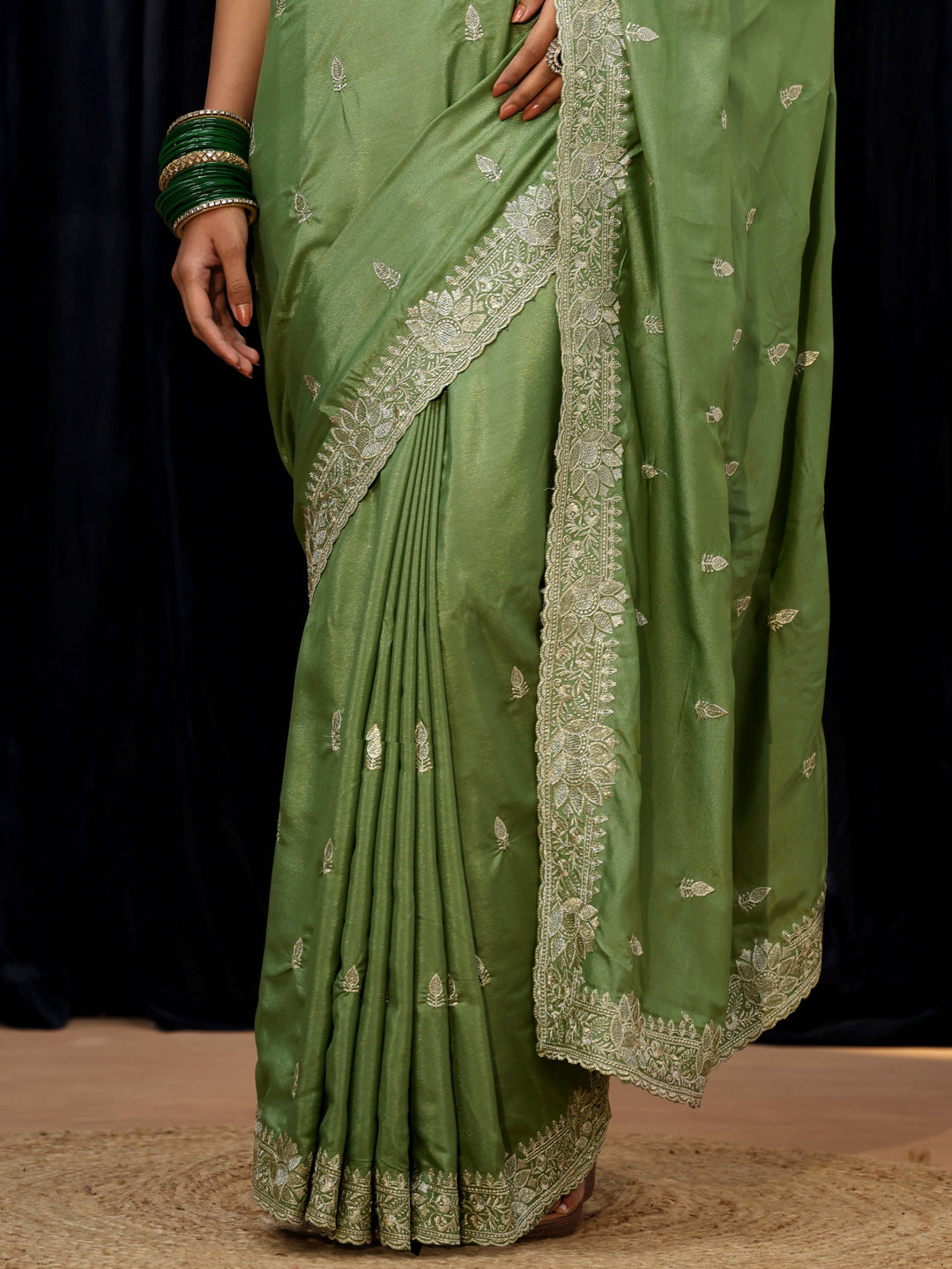  Sage Green Floral Embroidered Silk Blend Saree 