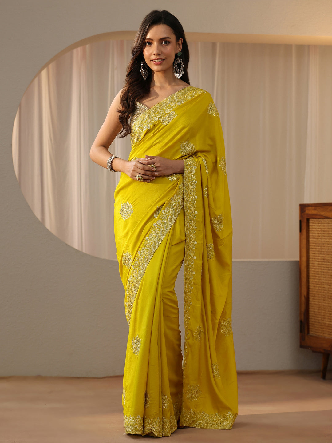  Yellow Floral Embellished Silk Blend Saree 