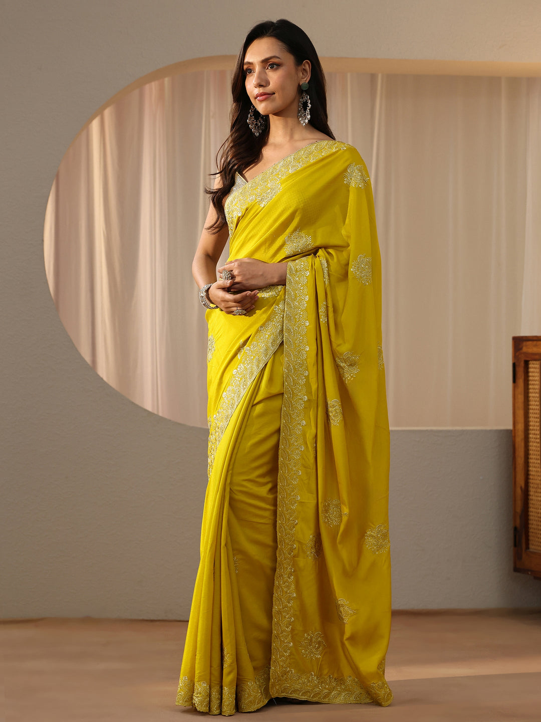  Yellow Floral Embellished Silk Blend Saree 