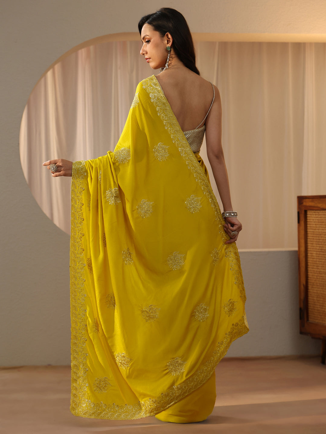  Yellow Floral Embellished Silk Blend Saree 