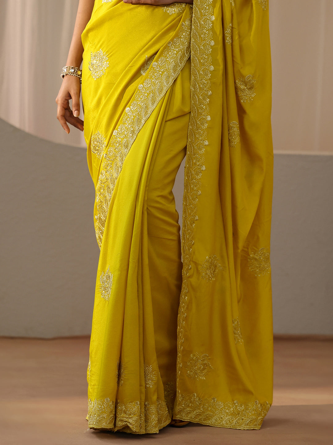  Yellow Floral Embellished Silk Blend Saree 