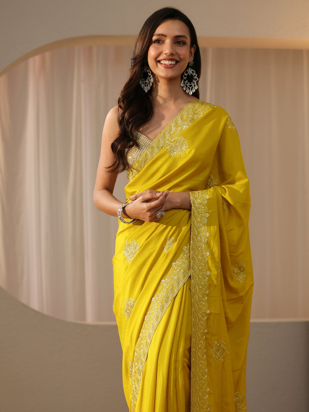  Yellow Floral Embellished Silk Blend Saree 