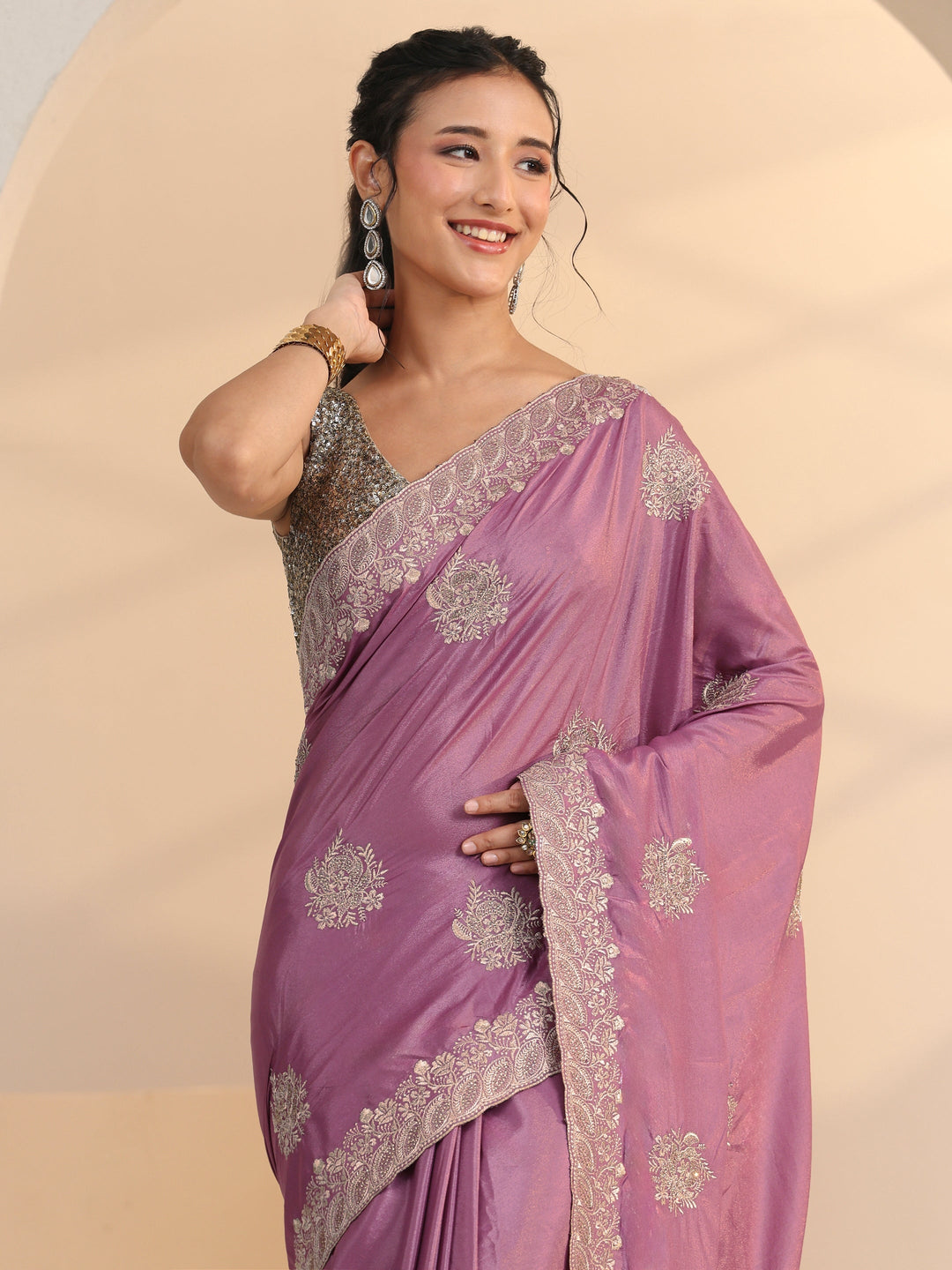  Libas Dusty Purple Floral Embroidered Silk Blend Saree 
