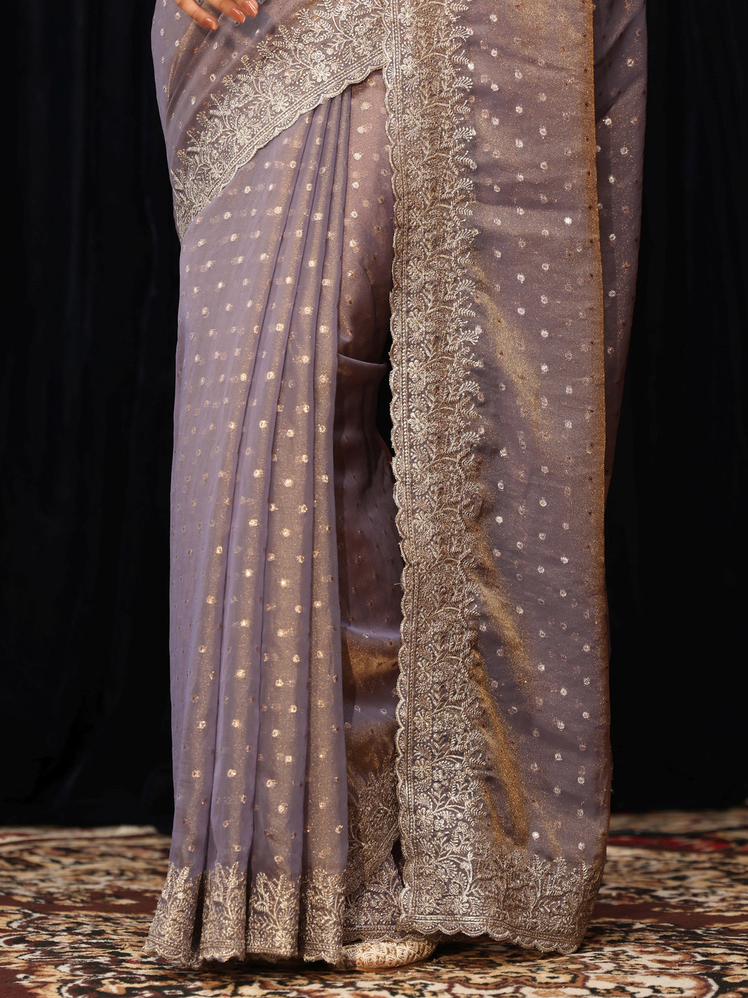  Lavender Mirror Work Silk Blend Saree 