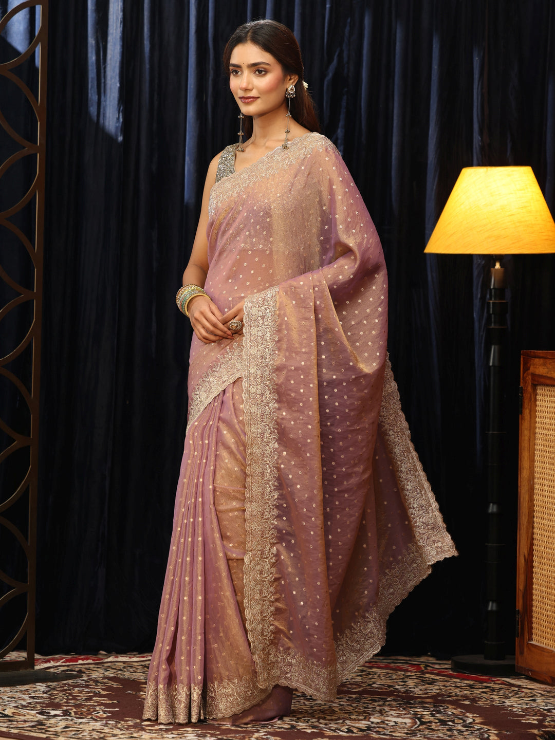  Dusty Purple Mirror Work Silk Blend Saree 