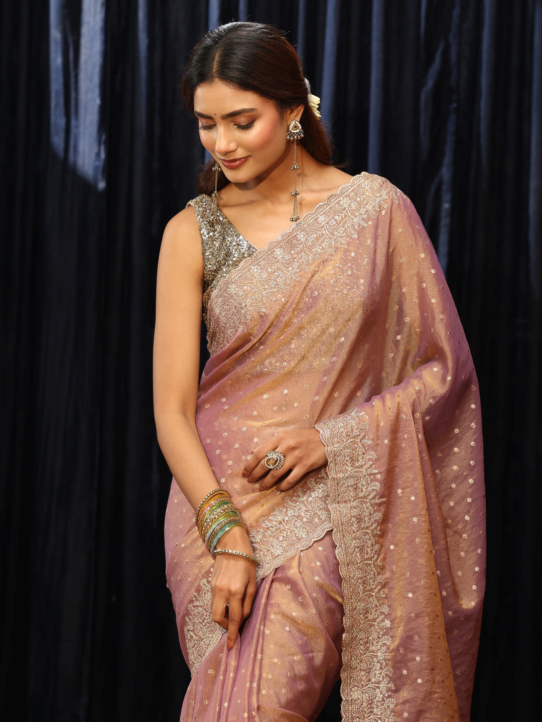  Dusty Purple Mirror Work Silk Blend Saree 