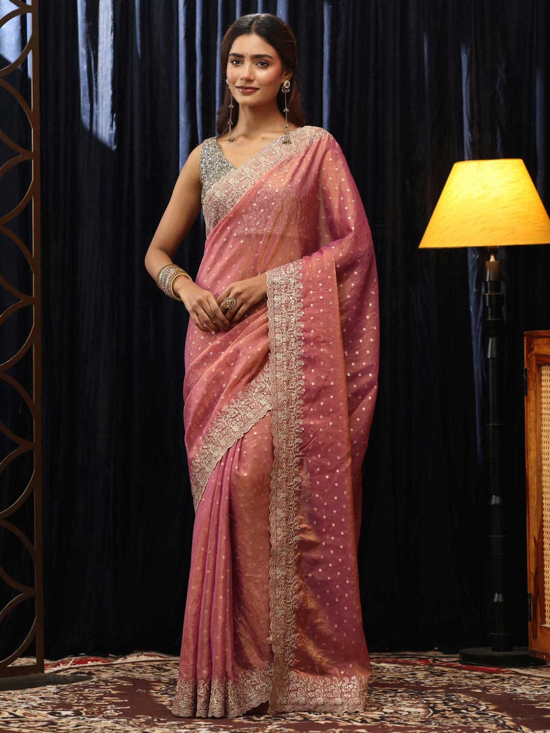  Peach Pink Mirror Work Silk Blend Saree 