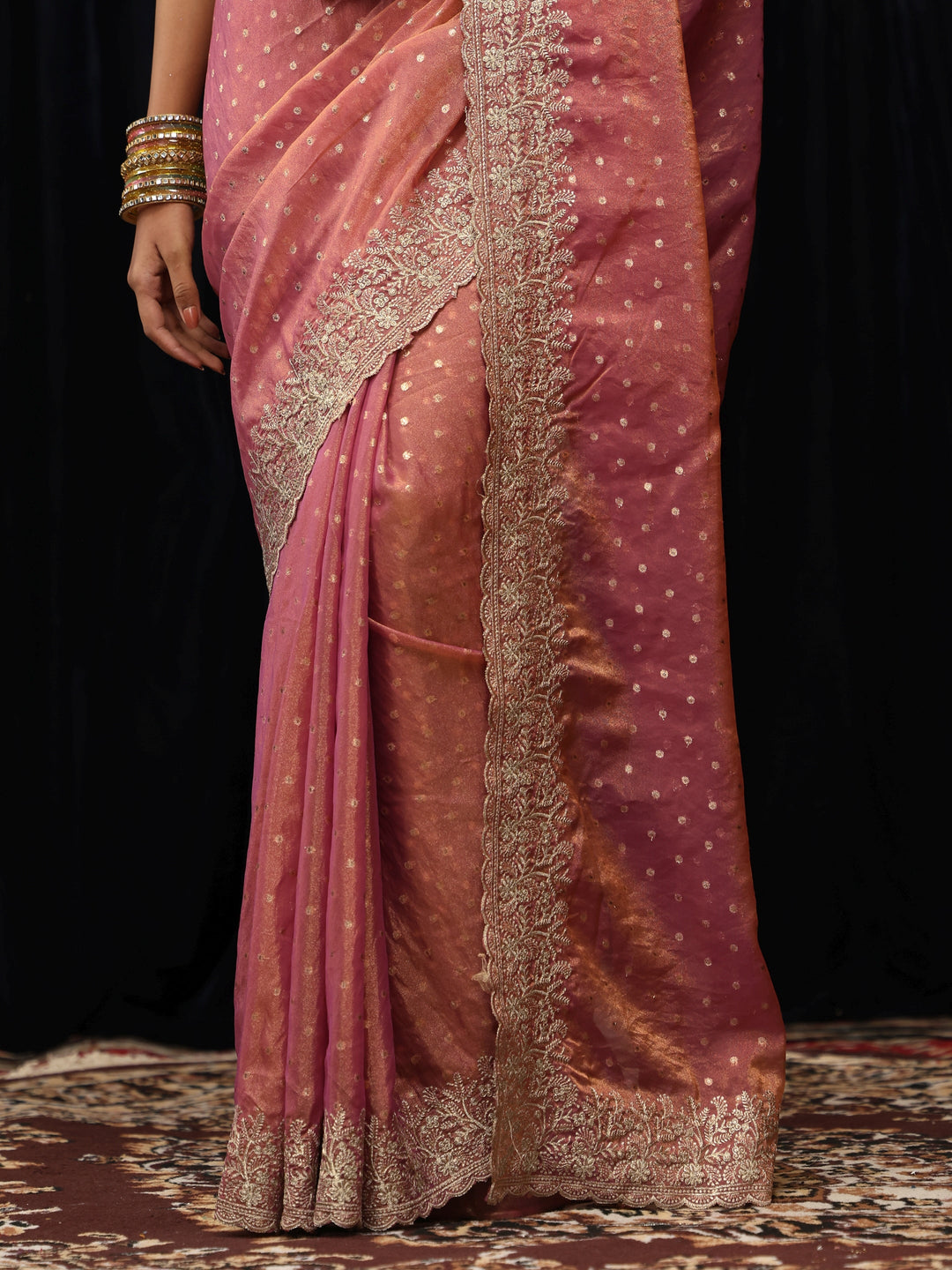  Peach Pink Mirror Work Silk Blend Saree 