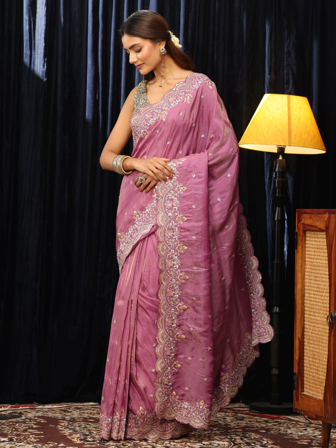  Dusty Rose Pink Silk Blend Saree with Floral Border 