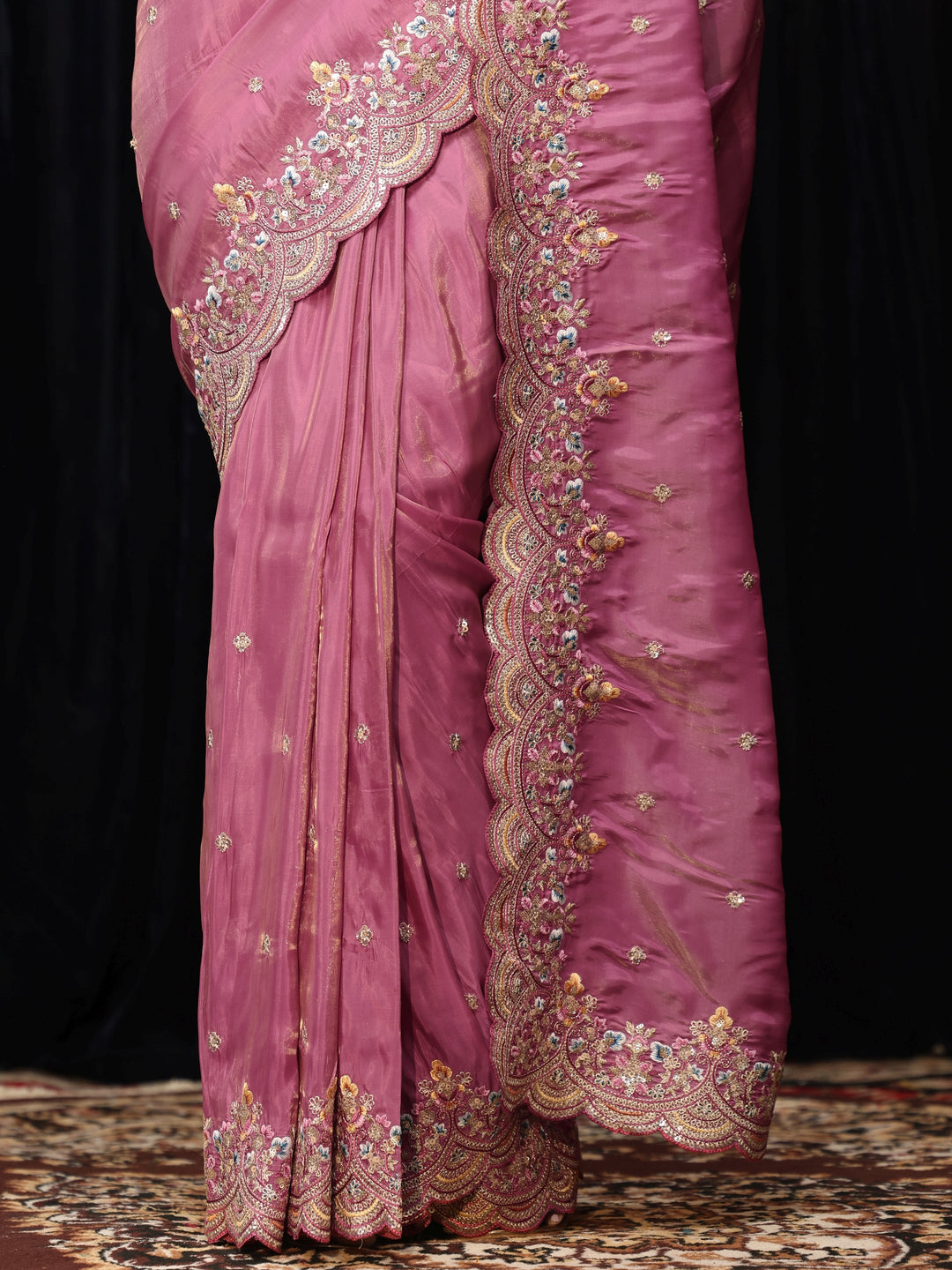  Dusty Rose Pink Silk Blend Saree with Floral Border 