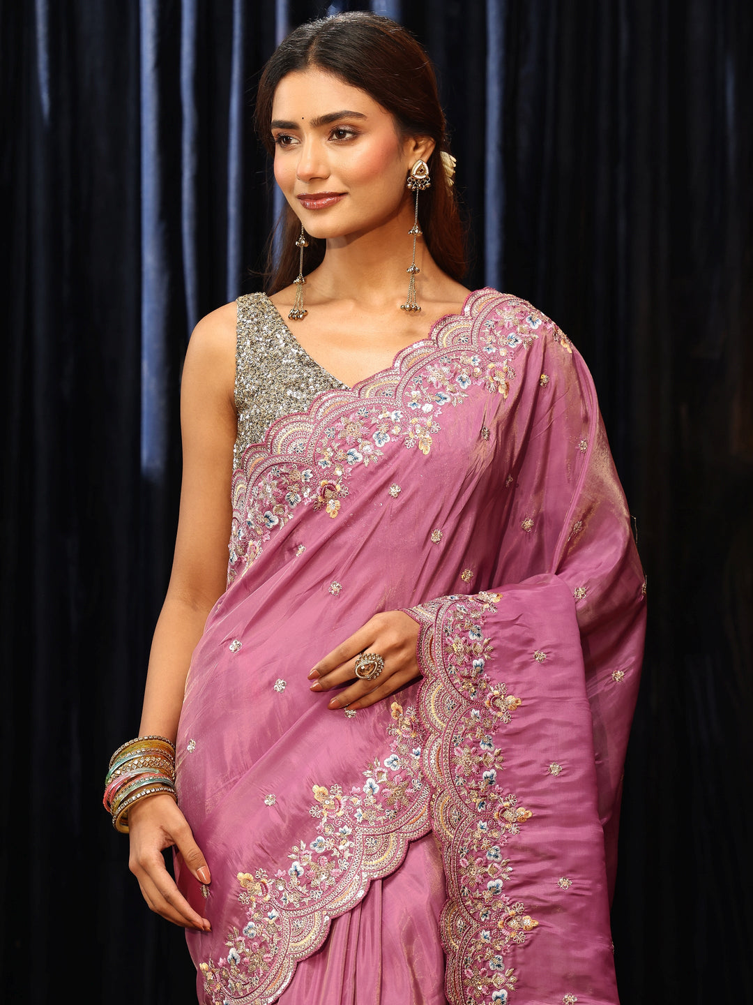  Dusty Rose Pink Silk Blend Saree with Floral Border 