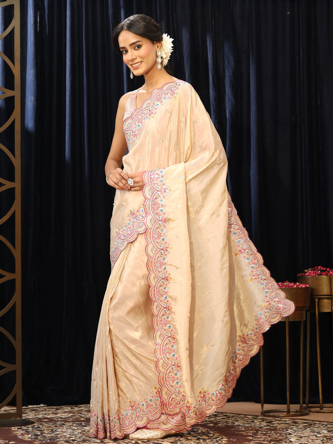 Cream Embroidered Floral Border Silk Blend Saree 